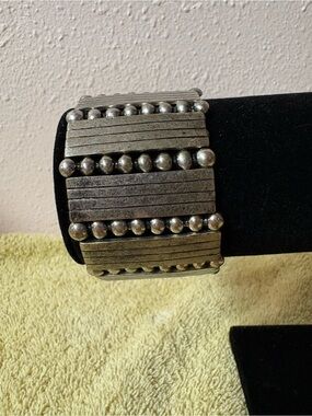 Silver Tone Wide Stretch Beaded Geometric Cuff Bracelet NWT